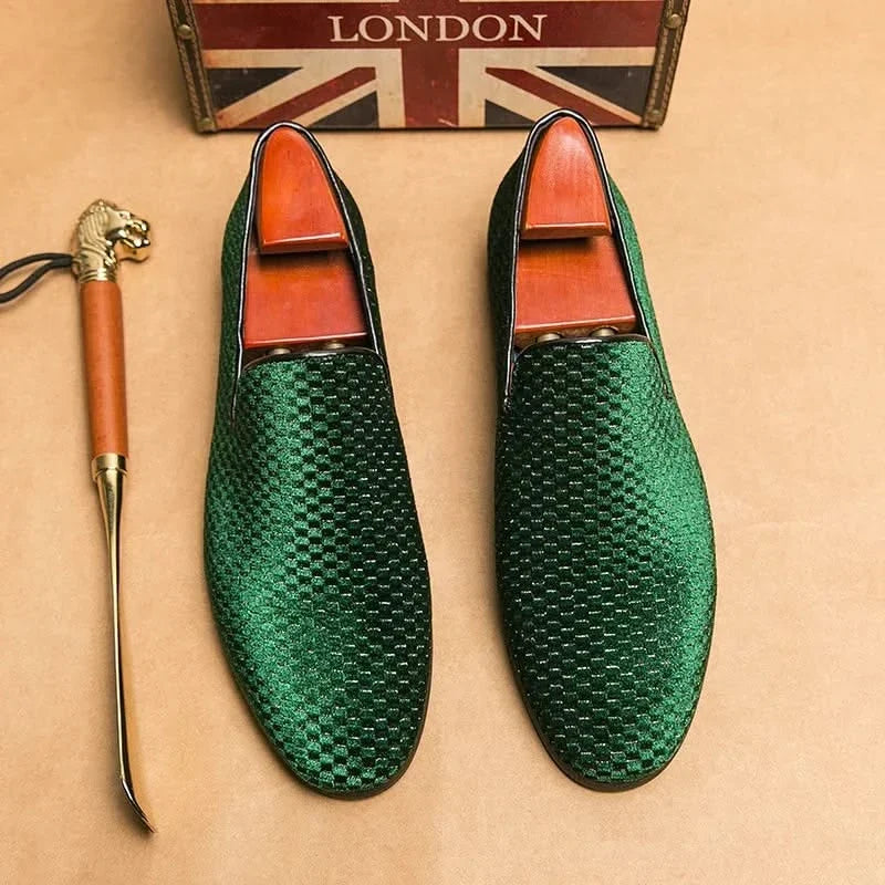 Stylish green slip-on loafers for men, classic & versatile elegant footwear.
