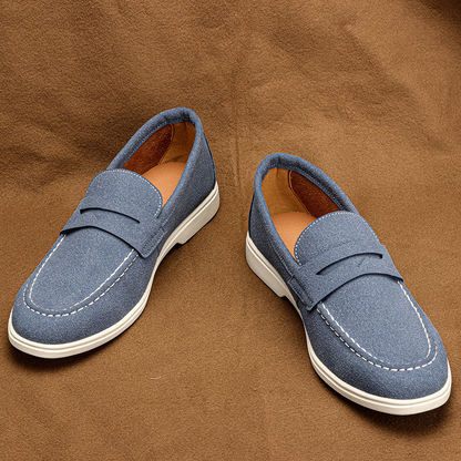 Sand men's penny loafers. Comfortable, classic casual shoes, ideal slip-on footwear for daily style.