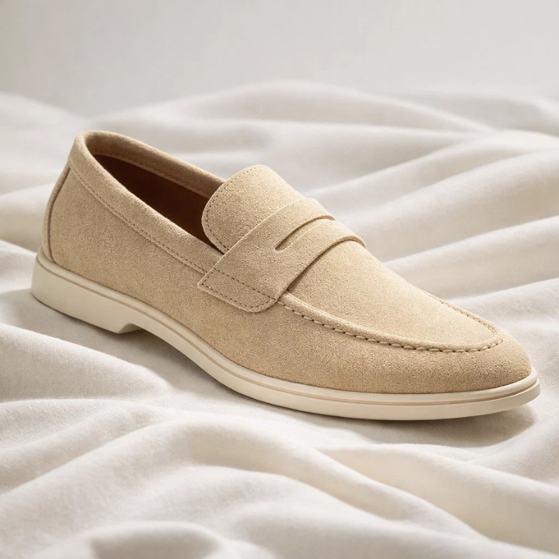 Stylish men's blue penny loafers, offering comfort and sophistication for everyday outfits. Slip-on footwear.