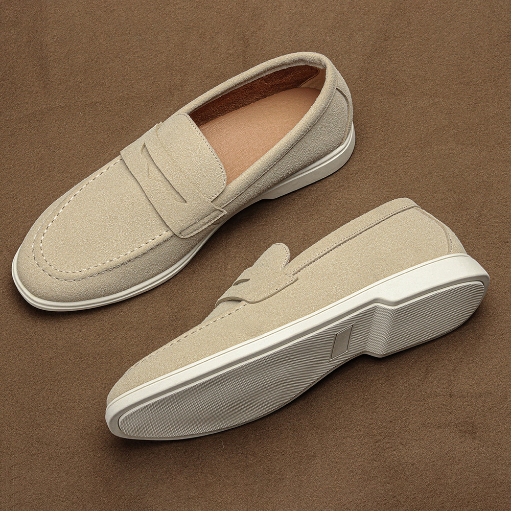 Men's elegant sand penny loafers, a stylish and comfortable slip-on footwear option for daily wear.