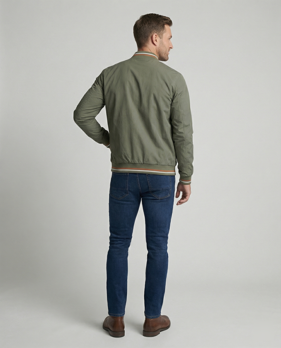 Slim-fit men's classic bomber jacket. Features ribbed trim, ideal casual outerwear for stylish everyday fall fashion.