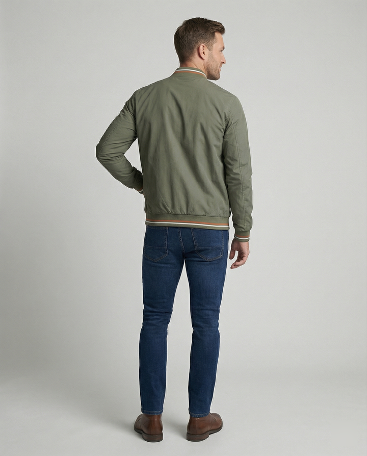 Slim-fit men's classic bomber jacket. Features ribbed trim, ideal casual outerwear for stylish everyday fall fashion.