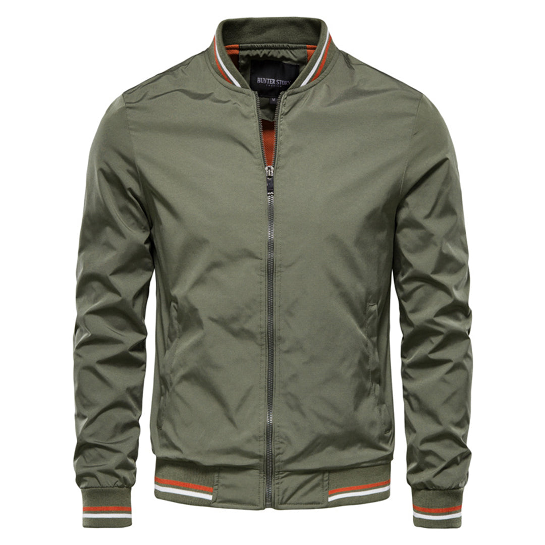 Fall fashion men's classic bomber jacket. Ribbed trim, versatile casual outerwear, great for stylish everyday wear.