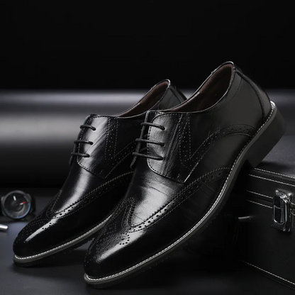 Sophisticated men's black leather brogue oxford dress shoes for a sharp, professional look.