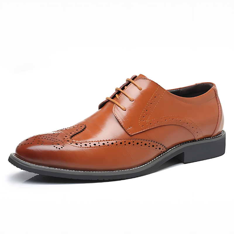 Classic brown brogue oxford dress shoes for men, combining comfort with professional style.