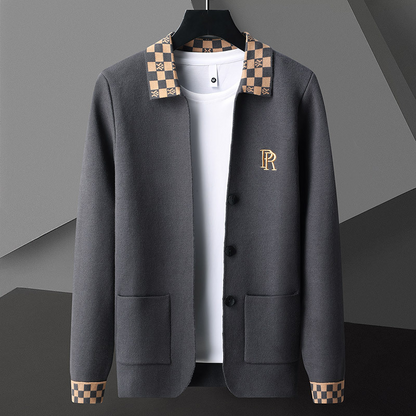 Warm men's black button-up cardigan sweater, a comfortable long-sleeve layering piece for casual everyday style.