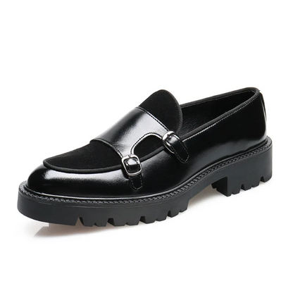 Detailed buckle on a men's classic monk strap loafer, emphasizing quality and timeless style.