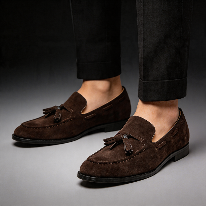 Elegant black men's loafers, a comfortable slip-on dress shoe for formal events & refined menswear style.