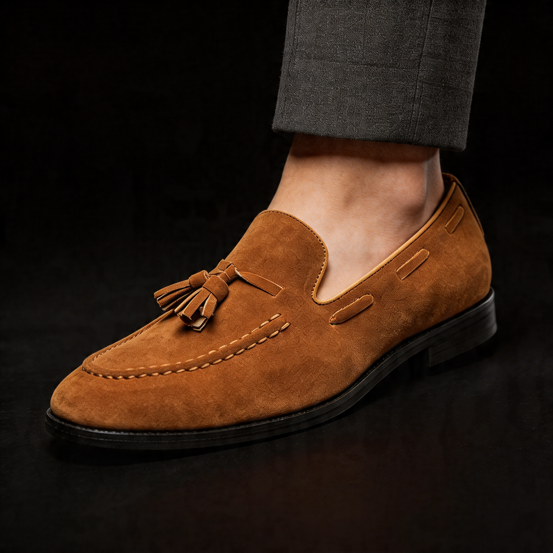 Trendy ginger yellow men's classic loafers, comfortable slip-on shoes for a unique business casual look.