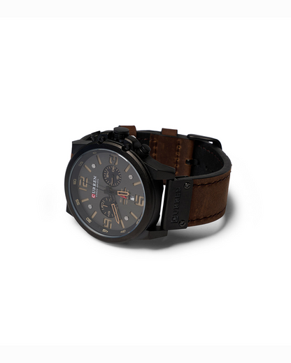 Classic men's chronograph watch with elegant leather band, stainless steel case. Perfect men's fashion accessory.