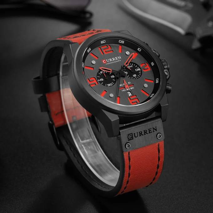 Precision men's chronograph timepiece with classic aesthetic. Comfortable leather band, stainless steel case.
