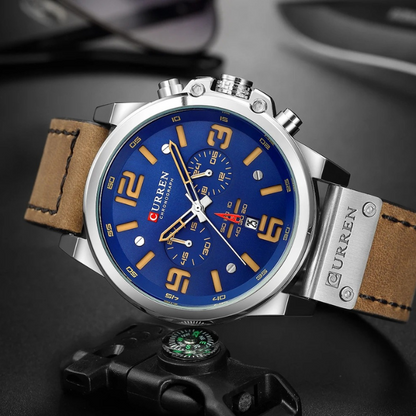 Men's classic chronograph watch, sophisticated accessory for discerning man. Genuine leather band.