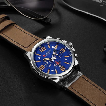 Durable men's classic chronograph watch, water-resistant, sturdy stainless steel case & leather strap.