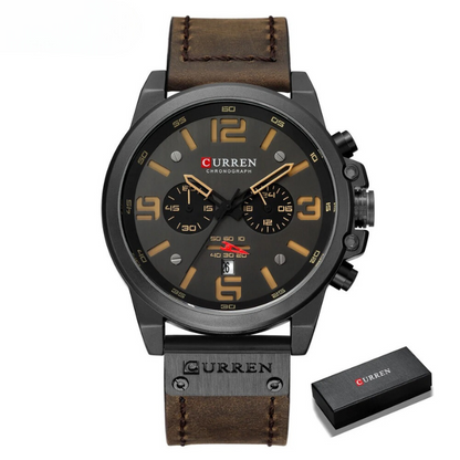 Sporty yet classic men's chronograph watch, water-resistant. Rugged leather band & stainless steel.