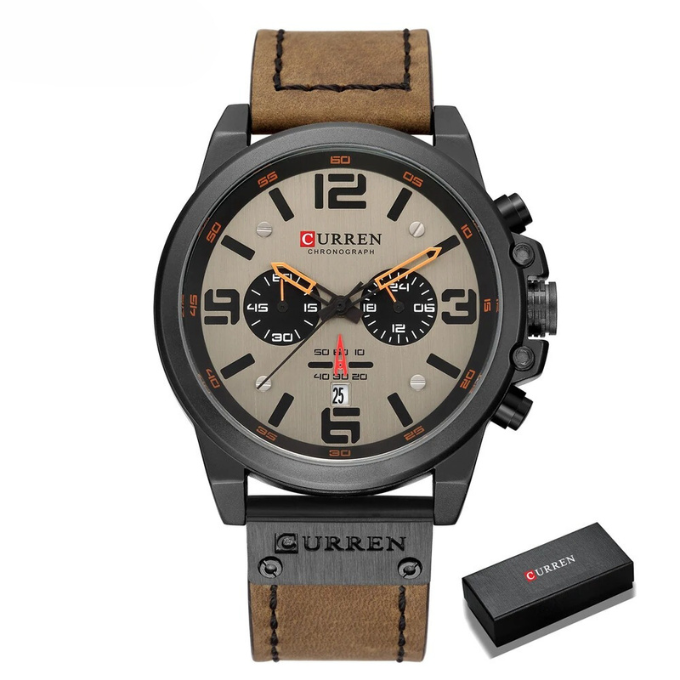 Premium men's chronograph watch, crafted with stainless steel, genuine leather band. Water resistant.