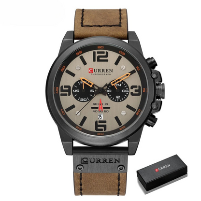 Premium men's chronograph watch, crafted with stainless steel, genuine leather band. Water resistant.