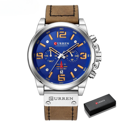 Modern classic men's chronograph watch, blending timeless style with contemporary features. Leather band.