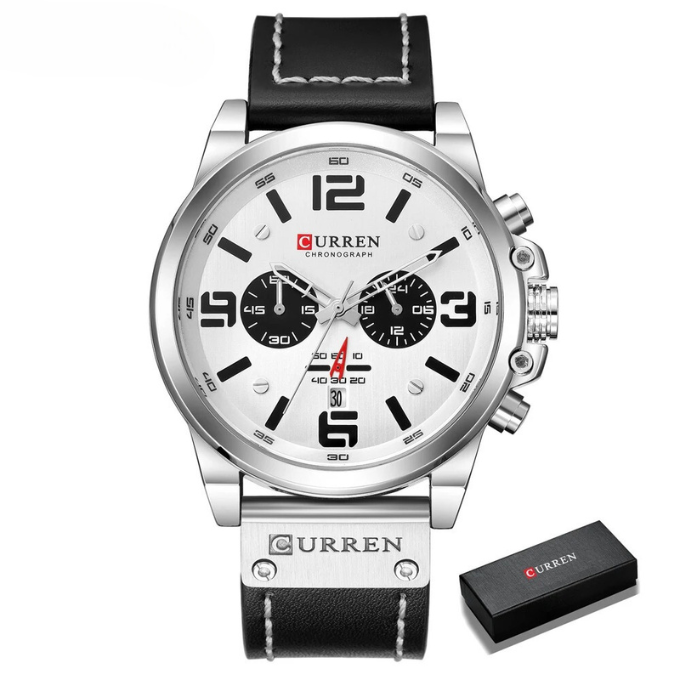 Luxurious men's chronograph watch, sophisticated timepiece with premium leather band & stainless steel case.