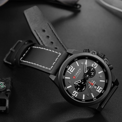 Close-up: Classic men's chronograph watch dial, precise sub-dials, luminous markers. Stainless steel case.