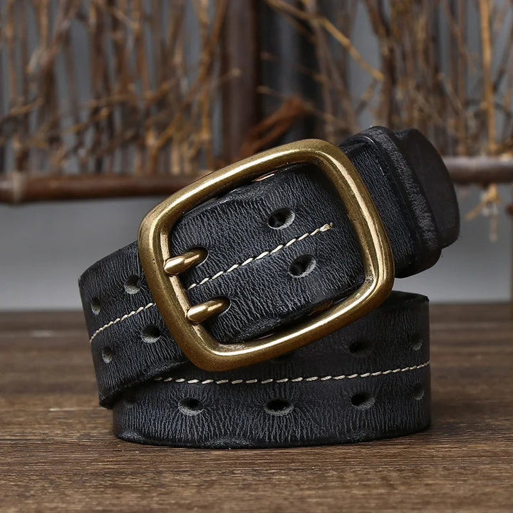 Classic men's full-grain leather belt with a polished brass buckle, perfect for versatile styling.