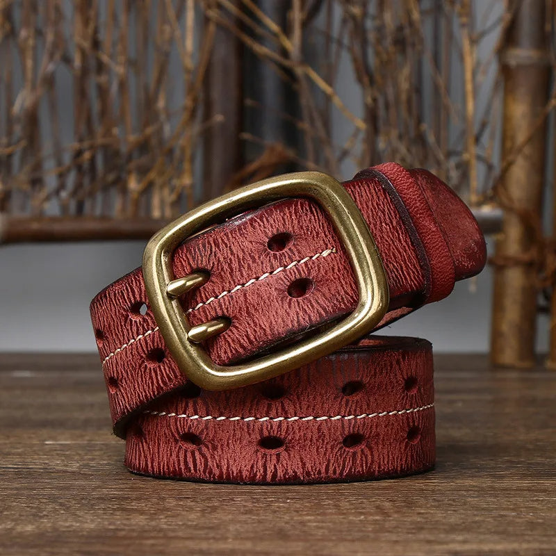 Collection of men's full-grain leather belts in brown, black, khaki & red, offering versatile options.