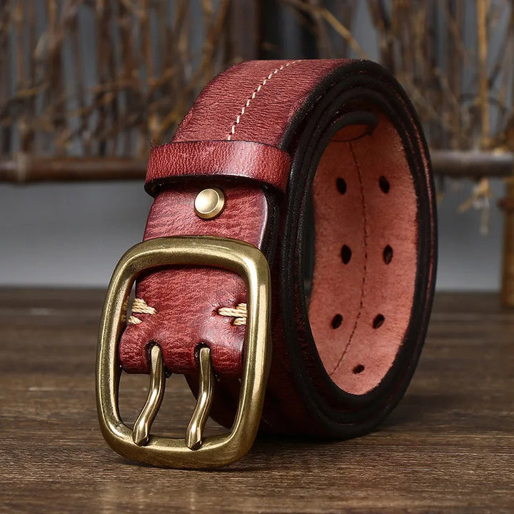 Men's rugged full-grain brown leather belt, built for durability and long-lasting classic style.