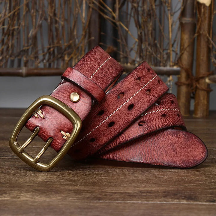 Full view of a men's classic brown full-grain leather belt with a brass buckle on a white background.
