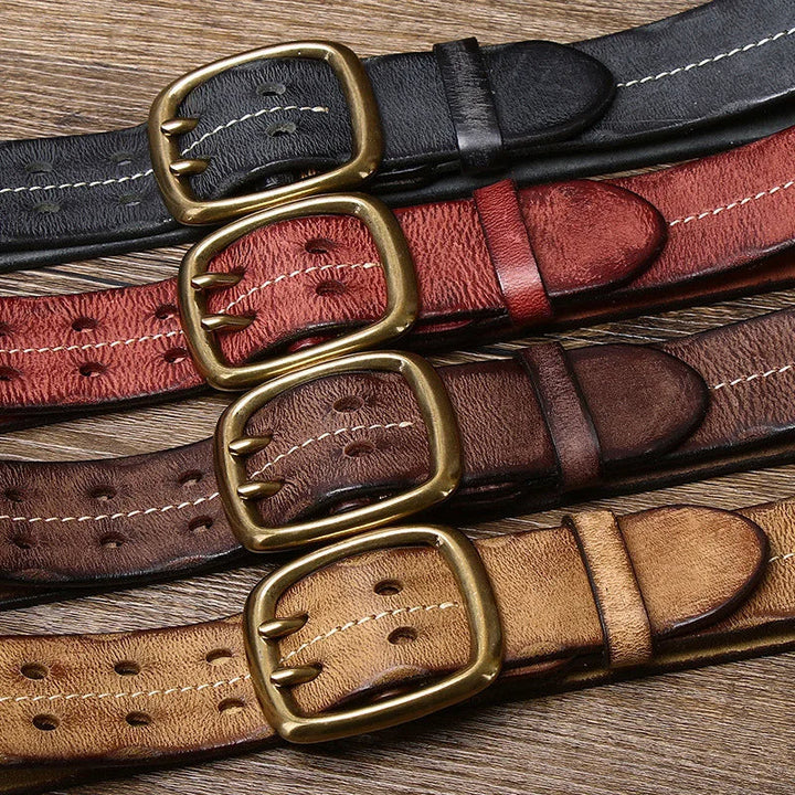 Man fastening a durable full-grain brown leather belt, showing its comfortable fit and quality.