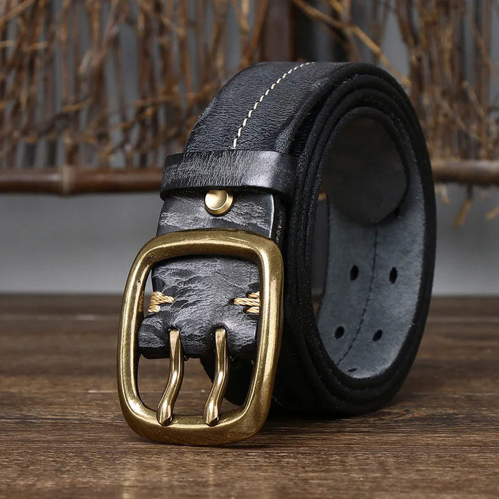Durable brown full-grain leather belt for men, featuring a classic brass buckle, ideal for daily wear.