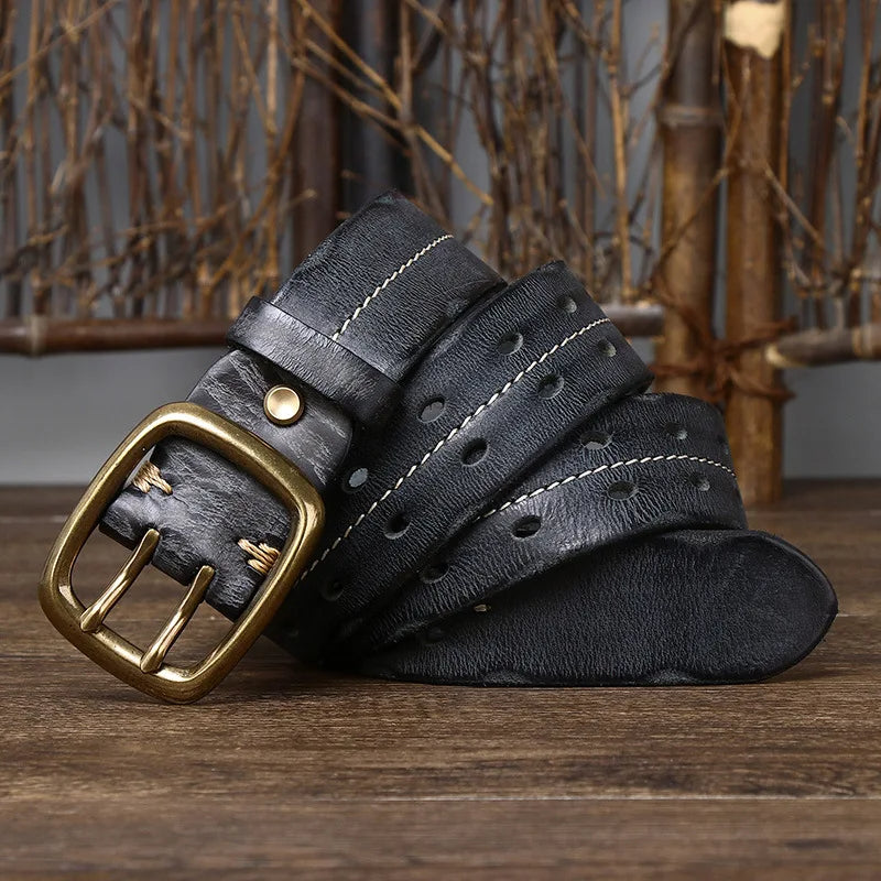 Stylish black men's leather belt, full-grain and versatile for both casual and dress outfits.