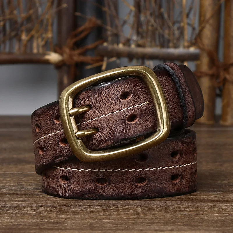 Casual khaki men's full-grain leather belt, featuring a sturdy brass buckle, great for everyday style.