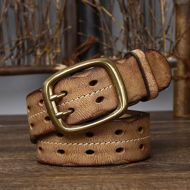 Men's durable full-grain leather belt in brown, paired with jeans for a classic casual look.