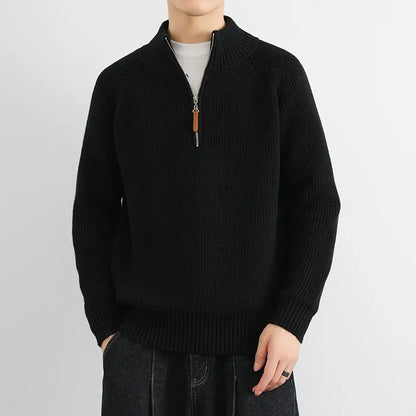 Men's half-zip pullover sweater, a stylish and warm layering piece for classic men's winter fashion.