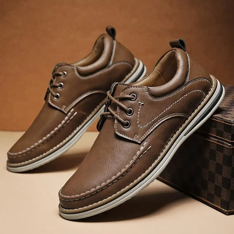 Tan moc toe oxford shoes for men, a classic design for smart casual and office wear.