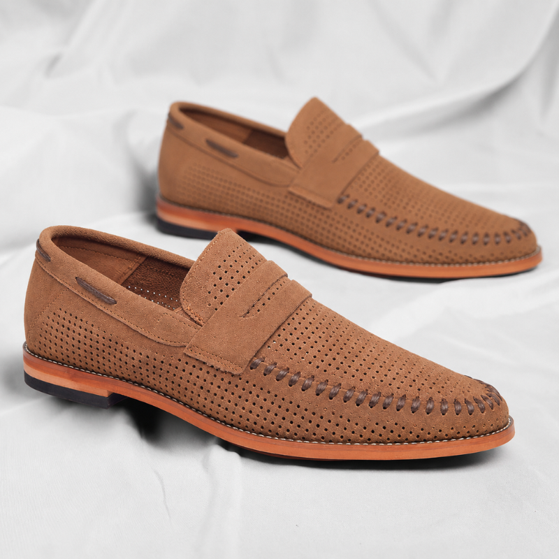 Brown men's classic penny loafers, comfortable slip-on design for versatile casual wear.