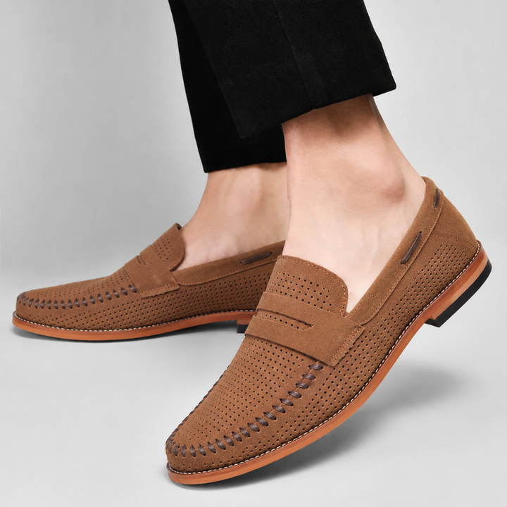Black men's classic penny loafers, versatile slip-on shoes for dress or casual outfits.