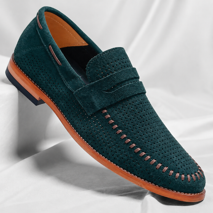 Stylish green men's classic penny loafers, comfortable slip-on shoes for casual fashion.