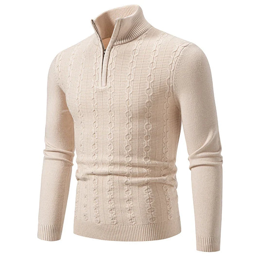 Classic men's quarter-zip sweater in navy, perfect for smart casual layering during fall & winter seasons.