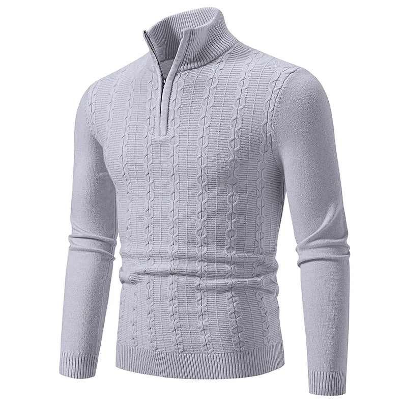 Warm charcoal men's quarter-zip sweater, ideal for winter layering and creating elevated smart casual outfits.