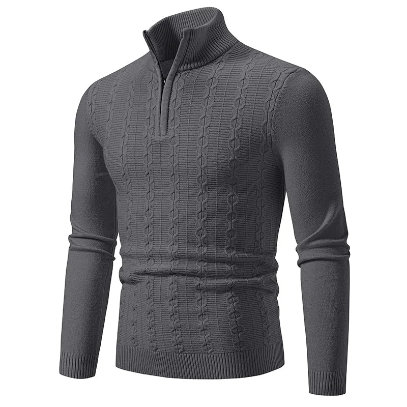 Close-up of a soft, comfortable men's quarter-zip sweater, highlighting its classic knit and collar detail.