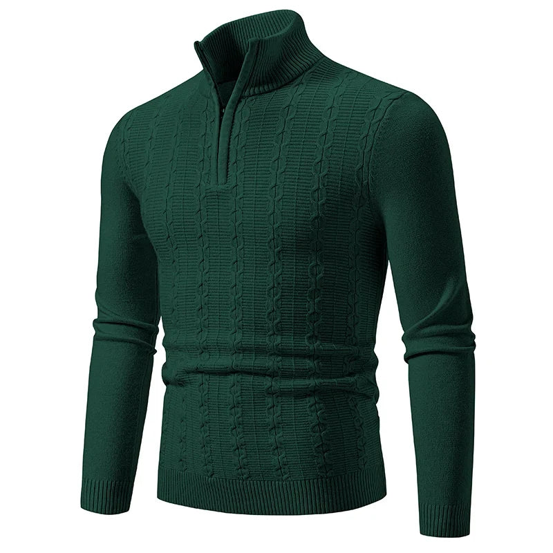 Stylish men's quarter-zip sweater in a versatile color, demonstrating perfect layering for fall fashion.