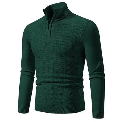 Stylish men's quarter-zip sweater in a versatile color, demonstrating perfect layering for fall fashion.
