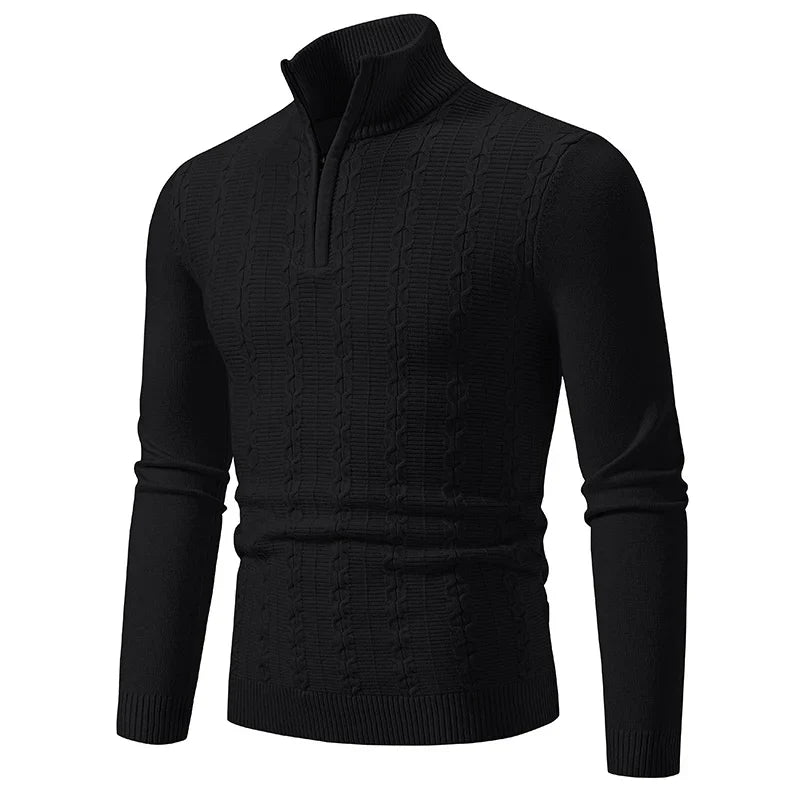 Classic men's quarter-zip sweater, showcasing its tailored fit and versatility for year-round smart casual wear.