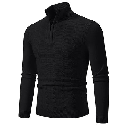 Classic men's quarter-zip sweater, showcasing its tailored fit and versatility for year-round smart casual wear.