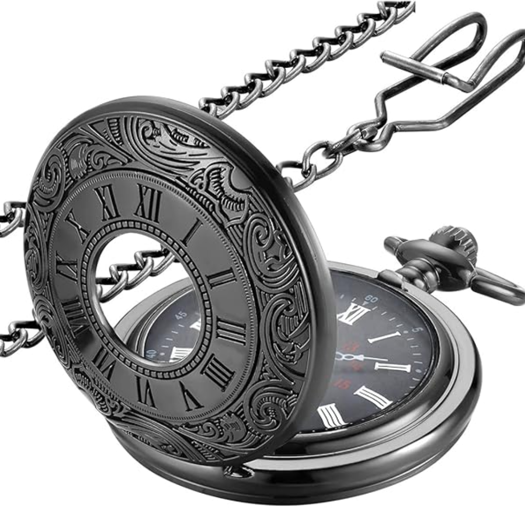 Men's Classic Quartz Pocket Watch, displayed at an angle, showcasing its elegant design and Roman numerals.