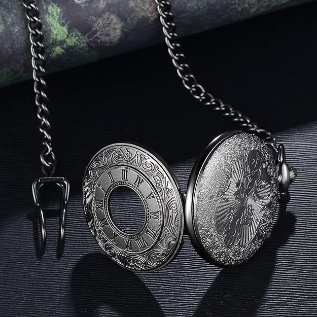 Close-up of Vintage Men's Pocket Watch, clear Roman numerals on white dial, classic quartz movement.