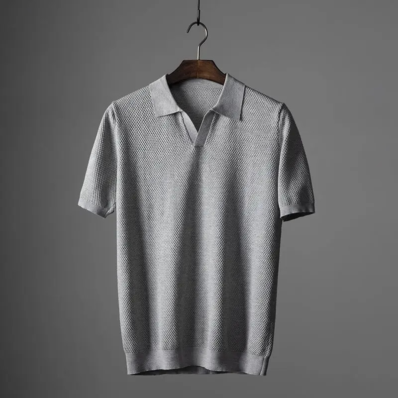Close-up of the breathable, soft fabric of the men's comfort polo shirt, ideal for versatile casual styling.