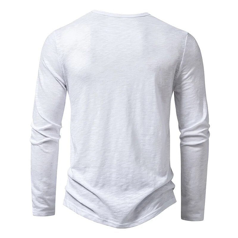 Essential men's long sleeve henley shirt, slim fit design for a sharp, casual look.