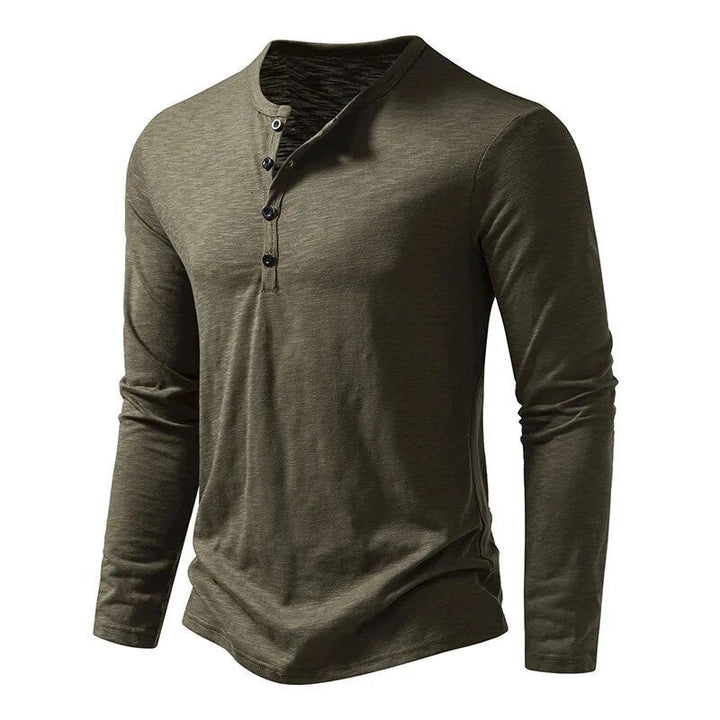 Everyday men's slim fit long sleeve henley shirt, a staple for modern menswear.