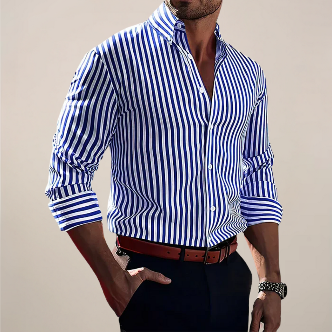Classic men's striped long sleeve button-up shirt. Smart casual men's top for versatile styling.